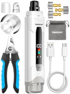 TIKOCAT Whisper-Quiet Dog Nail Grinder, 50% More Powerful 6-Speed Pet Nail Trimmer with 4 LED Lights & LED Display, No Over-Cutting, 3 Grinding Bits, Grooming Kit for Dogs & Cats All Sensitive Pets