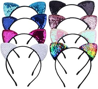 KIPETTO 8Pcs Cat Ears Headbands Reversible Shiny Sequin Hairband Kitty Hair Hoops Hair Accessories for Women Girls Daily