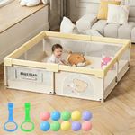 Dawnwake Playpen for Baby up to 4 Years Playards with Pit Balls and Anti-Fall Grasp Rings, Kids Activity Center with Safety Lock & Small Storage Bag (No Mat, Non-Foldable) (150x180cm Yellow)