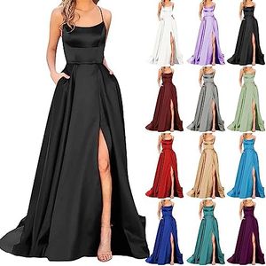Robe Longue Femme en Satin élégante Sexy Dos Nu Fendue Spaghetti Sangle Couleur Unie Swing pour Bal Mariage Cocktail Robe de Soirée Longue Mariage Party Dress (01 Noir, XL)