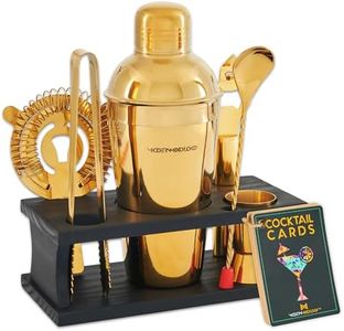 Mixology Bartender Kit | 8-Piece Gold Cocktail Shaker Set with Black Pine Wood Stand, Recipe Cards, and Bar Accessories | Home Bar Gift Idea