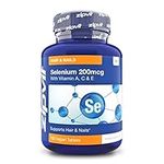 Selenium 200mcg with Vitamins ACE, 180 Vegan Tablets, High Strength Selenium Supplement, Supports Hair and Nails, Immune System and Thyroid Function, 6 Month Supply, UK Supplier