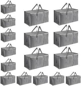 16 Pack-Extra Large Heavy Duty Moving Bags - Waterproof Storage Totes with Handles & Zippers, Foldable for College Dorm, Storage (Gray)