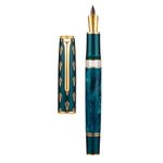 Hongdian N7 Blue Peacock Resin Piston Fountain Pen, Iridium Long Blade Fine Nib Classic Pen, Smooth Writing Pen with Metal Box