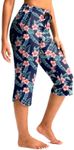 Pudolla Women's Swim Capris 18" Quick Dry UPF50+ Swimsuit Pants Long Board Shorts for Women with Pockets, Navy Flower, Medium