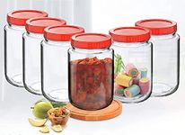 Vency Thick Glass Round Shape Transparent Glass Jars & Containers For Kitchen Pantry,Snacks,Masala,Pickles,Dry Fruits,Coffee Beans Storage With Red Color Plastic Lid(Set Of 6)(1000Ml Round),Blue