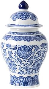 Blue and White Ginger Jar, Ceramic Chinoiserie Decorative Jars for Home, Office, Flower Vase Pocelain, Glossy Vase for Table, Living Room, Bookshelf, Mantle Fireplace, Centerpieces, 9.8"H