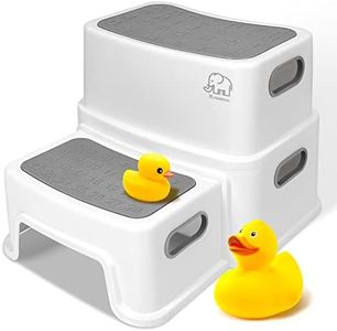 Forbena Toddler Step Stool for Bathroom Sink, 2 Step Stool for Kids Toilet Potty Training, Non-Slip Toddlers Baby Child Kid Plastic Poop Stools with Handle for Kitchen Counter Bed (White-Grey)