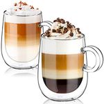 glastal 2x350ml Double Walled Coffee Glasses Mugs Cappuccino Latte Macchiato Glasses Cups with Handle Borosilicate Heat Resistant Glass Cups for Coffee Tea Milk Juice Ice Cream