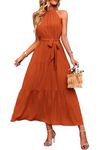 PRETTYGARDEN Women's Summer Maxi Sun Dress Sleeveless Halter Neck Flowy Ruffle Hem Long Boho Dresses with Belt (Solid Brown,Large)