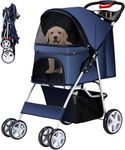 Emily Pets Pet Stroller for Dogs, Cats & Small Animals 4-Wheel Foldable Carrier with Sunshade, Mesh Windows, Cup Holder Portable Travel Stroller for Jogging, Walking – Up to 30 lbs Blue