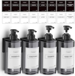 Anhow Lot de 4 Distributeur Savon Mural, 500ml Distributeur de Savon avec Étiquettes No Perçage pour Cuisine et Salle de Bains - Gris
