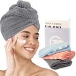FREATECH 3-Pack Microfibre Hair Towel Wrap, Anti-frizz Hair Turbans for Wet Hair, Super Absorbent and Soft Hair Drying Towel with 3 Adjustable Buttons for Women Kids Curly Long Plopping Hair