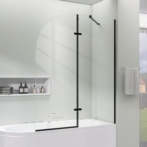 OGONBRICK Tub Shower Door Folding Swing Frameless Bathtub Door for Shower with Tempered Glass Pivot Glass Shower Door for Tub with Support Bar Matte Black 48" W x 58" H