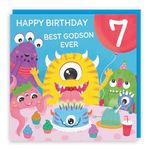 Hunts England - Godson 7th Monsters Party Kids Birthday Card - Happy Birthday! - 7 - Best Godson Ever - Imagination Collection