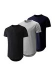 JMIERR Mens 3 Pack Cotton Hipster Hip Hop Longline Crewneck T-Shirt, A-black/Light Grey/Navy Blue, Medium
