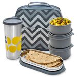 Allo Microwave Safe Steel Lunch Box for Office with Bag for Men and Women, Air Tight & Leak Proof Stainless Steel Tiffin for Office, School, College, Set of 4 with Steel Tumbler & Chevron Grey Bag