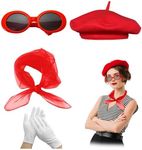 French Women Fancy Dress Costume Accessories Set French Artist Mime Kit with Beret Scarf Sunglasses Gloves for Women Girls Cosplay Party Supplies School Dress Up Day (Red)