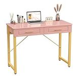 WESTREE Modern Makeup Vanity Desk with Glossy Desktop, Bedroom Home Office Writing Desk with Drawers, Storage Shelf, Gold Metal Frame for Dressing Table Without Mirror