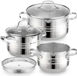 Daniks Tokio Stainless Steel 6-Piece Kitchen Cookware Set | Induction Pot | Pasta Pot with Strainer Lid | Dishwasher Safe | 2 Quart + 3 Quart + 4.5 Quart | Silver