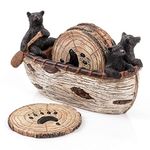 Bear Coasters Set - 6 Full Size Rustic Coasters in Handmade Canoe with Adorable Black Bear Figurines | Black Bear Decor, Log Cabin Decor, Cabin Decorations, Rustic Lodge Decor for The Home