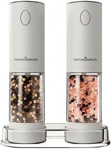 ThermoMaven Electric Salt and Pepper Grinder Set, 110ml Larger Rechargeable Automatic Salt and Pepper Mill Grinder with 6 Adjustable Coarseness, Electric Salt and Pepper Shakers, LED, White Sand