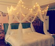 8 Corner Bed Canopy with 100 LED Star String Lights Battery Operated, Bed Netting Unique Style 4 Door Square Canopy Bed Curtains Canopy - Suggested for Twin Full Queen King Bed