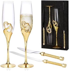 4 Piece Champagne Flutes and Cake Knife Server Set, Bride & Groom Toasting Flutes with Cake Cutting Set, Diamond Champagne Glasses Set for Wedding Reception or Anniversary Party, House Warming, Gold