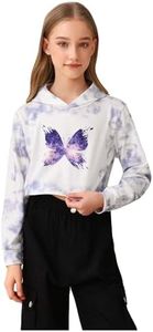 OYOANGLE Girl's Tie Dye Butterfly Print Long Sleeve Crop Hoodie Pullover Sweatshirts Tops White 11-12Y