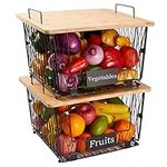 2 Pack Stackable Wire Storage Baskets with Wood Lid- Kitchen Countertop Organizer for Fruit Vegetable -Large Metal Bin for Pantry Organization and Storage, Black