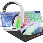 Wired 104 Keys Gaming Keyboard Mouse 3D Stereo Gaming Headset Combo with Multi RGB Backlight Ergonomic Adjustable Mic 2400DPI Mice Large Mousepad Waterproof for PC Mac Gamer Office Typist (4in1White)