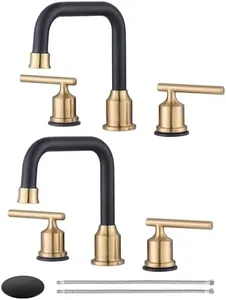 Black and Gold Bathroom Faucet: WOWOW Widespread Bathroom Sink Faucet 3 Hole with Pop-up Drain and Supply Lines, 8 Inch Vanity Faucet 3 Pieces Basin Tap 2 Handle Modern (2 Pack)