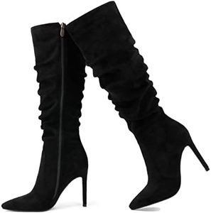 Eithy Women's Knee Boots Thin Heels Zipper Thigh High Fashion Sexy Slouch Boot, Black Suede Knee High, 7.5