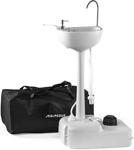 Alpcour Portable Camping Sink – Indoor/Outdoor Travel Hygiene Station with Basin, Running Faucet, Soap Dispenser, Towel Rack, Drain Hose, Hands-Free Foot Pump, Stakes & Carry Bag – 17L Water Capacity