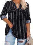 Siddhe Plus Size 3/4 Length Sleeve Womens Tops Zip V-Neck Tunic Tops Business Casual Dressy Blouses, Black Chain, 4XL