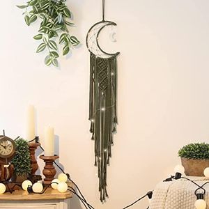 Olive Macrame Moon Dream Catcher, Boho Crescent Phase Woven Wall Hanging with Light, Handmade Unique Bohemian Nursery Decor with Star Ornament Decoration for Home Bedroom, for Girl Kids
