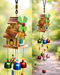 sculpmart Wooden Home Shape Wind Chime with Windmill - 9 Multicolour Bells for Home & Balcony | Gifting & Home Decoration with Melody Sound (Multicolour 9 Bell)