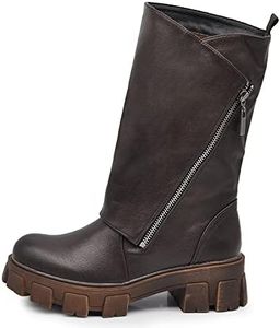 IF Fashion Scarpe Stivali da Donna Al Polpaccio Largo Biker Motociclista Con Zip Platform Anfibi 881 Testa di moro N.40