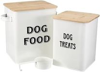 Pet Food and Treats Containers Set with Scoop for Cats or Dogs - Beige Powder-Coated Carbon Steel - Tight Fitting Wood Lids - Storage Canister Tins - Dog Food