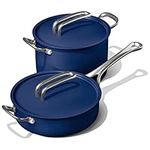 Risa Cookware Set Co-Founded by Eva Longoria - Non-Toxic, Ceramic Coating Non-Stick Kitchen 10-inch Pot, 11-inch Pan, Lid Set with Free Pot Holders for Gas, Electric, & Induction - in Deep Blue