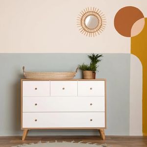 dadada Austin 5-Drawer Dresser - Dresser for Nursery and Kids Room - White Bedroom Dresser - Large, Deep Drawers - Soft Close and Anti Tip - Chest of Drawers Storage (White + Red Oak)