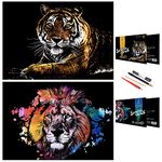 Scratch Painting Art Paper,Animal Series Scratchboard for Kids & Adults, Gifts&Arts Craft Kits with 4 Tools,Size:16''x11'' (Tiger & Lion)