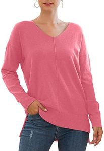 Jouica Womens V Neck Sweatshirt Side Split Loose Casual Sweater,HC Red,Medium