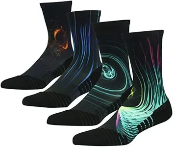 HUSO Basketball Socks Youth, Unisex Crazy Galaxy Pattern Luxury Combed Cotton Crew Cushioned Mountain Biking Socks 4 Pairs (Multicolor, L/XL)