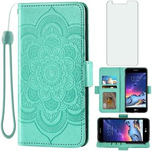 Asuwish Compatible with LG Aristo 1/Phoenix 3/K8 2017/Risio 2/Rebel 2 LTE Wallet Case and Tempered Glass Screen Protector Flip Card Holder Cell Phone Cover for K4/Fortune/LV3 MS210 Women Men Green