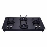 Elica 70cm 4 Burner Gas Hob | RG FLEXI 470 Lotus IND HD Brass | Built-in & Freestanding | Cast Iron Pan Support | Black Glass Finish | 10-Year Burner Warranty, 5-Year Glass & Valve Warranty