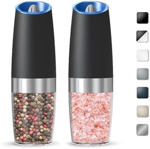 KIARYUOLL Gravity Electric Salt and Pepper Grinder Set, Automatic Salt and Pepper Grinder Set, Battery Powered (6 AAA Batteries Each), Adjustable Roughness, LED Light, 2 Pack, (Black)