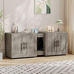 GAOMON Litter Box Enclosure with Double Cage, Cat House,Hidden Litter Box Enclosure Furniture for 2 Cats, Wooden Enclosed Cat Litter Box Furniture,55”L x 17.7”W x 22.5”H, Grey