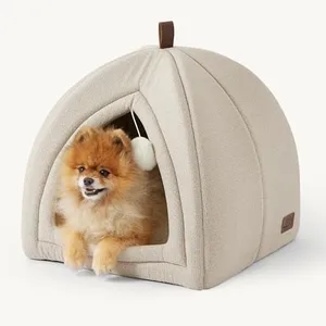 Bedsure Cat Beds for Indoor Cats - 2 in 1 Cat Cave for Large Cats, Foldable Cat House Tent with Removable Washable Cushioned Pillow, Cat Hideaway with Non-Slip Bottom, Beige, 17.3 inches
