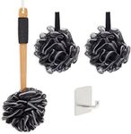 Loofah Bath Set with 1 Loofah on A Stick, 2 Sponge Poufs, and 1 Shower Hook